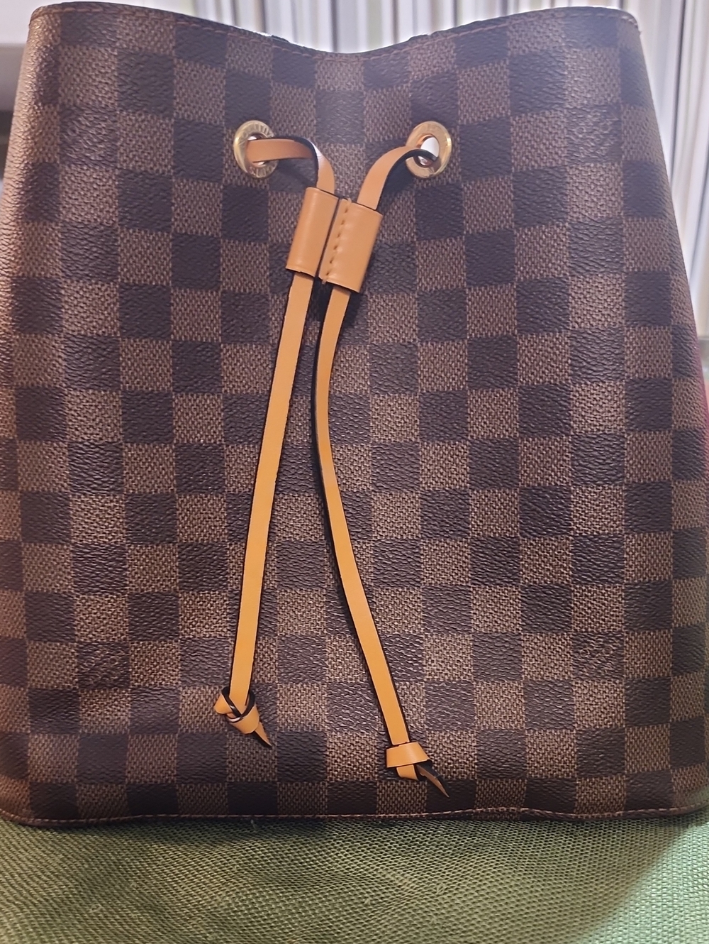 Louis Vuitton Brown Damier Canvas Drawstring Shoulder Bag with Tan Trim